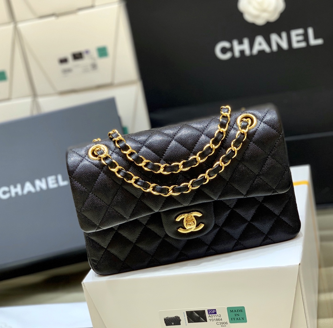 Ch@nel Flap Bag-（Black Inside）Caviar-23CM