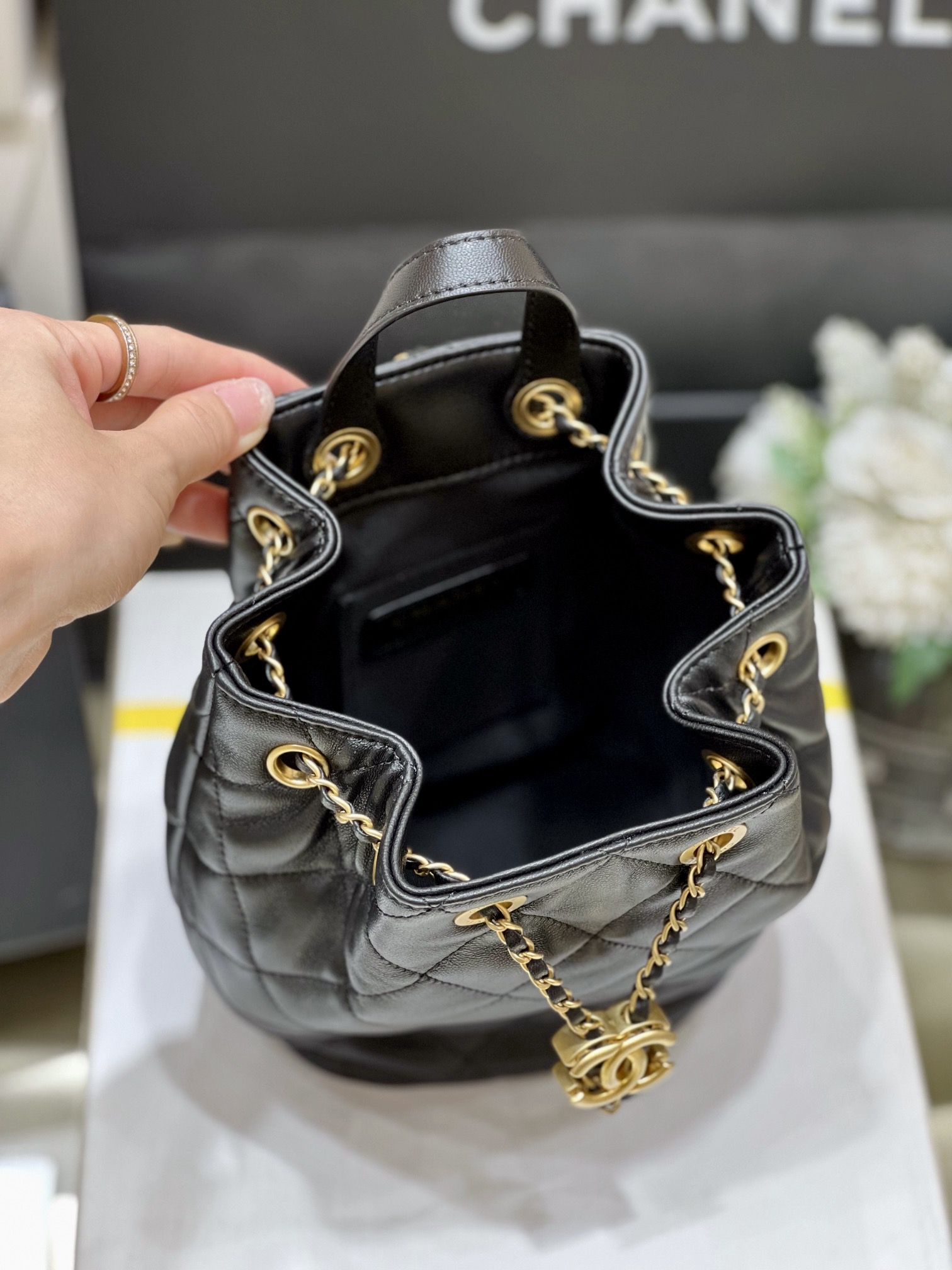 Ch@nel Drawstring Bucket Backpack -16.5*20*11.5CM