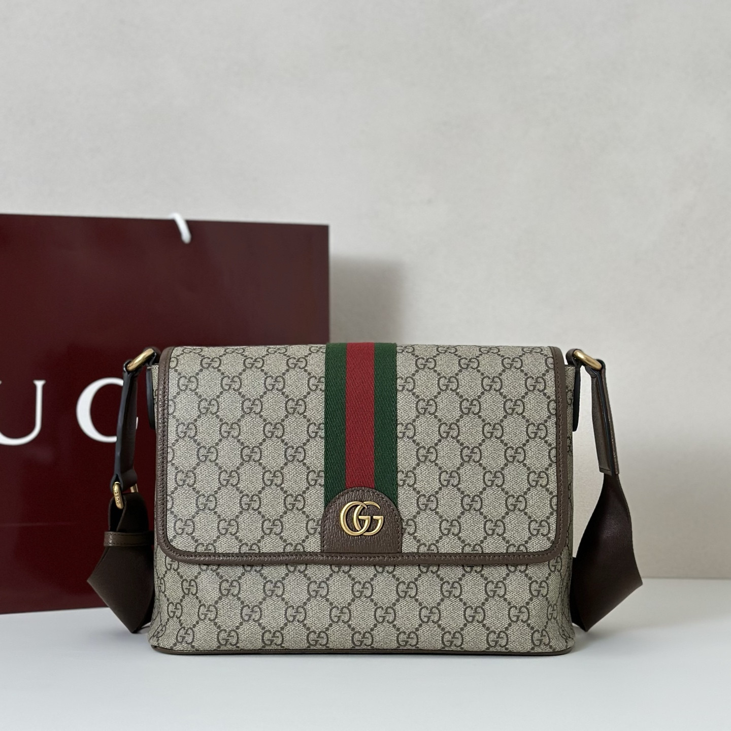 Gv*c*i Ophidia Medium Messenger Bag In Beige And Dark Brown -29.5*20*8CM