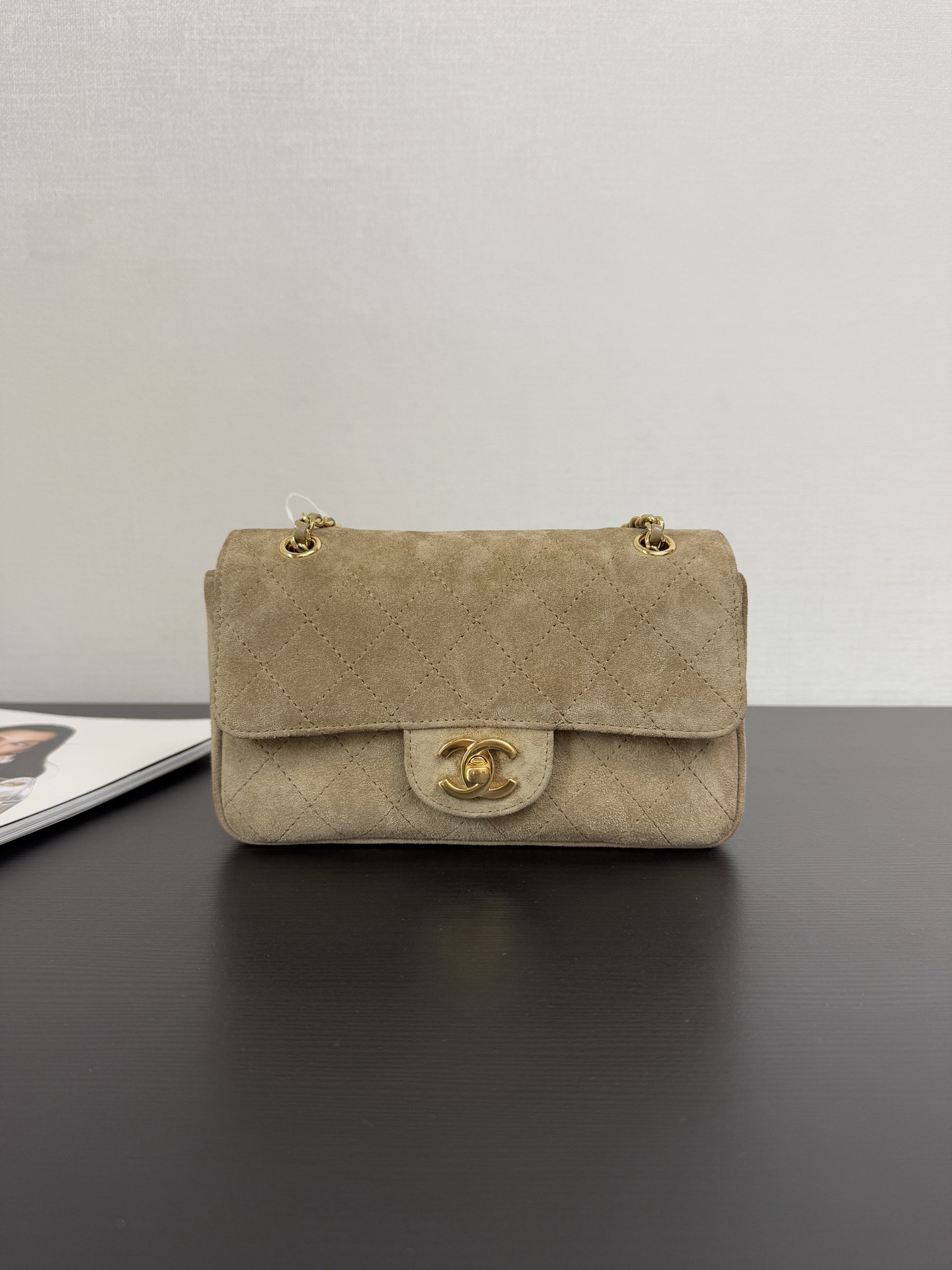 Ch@nel Suede Calfskin Mini Flap Bag In Dark Beige With Gold-tone-13*20*6CM