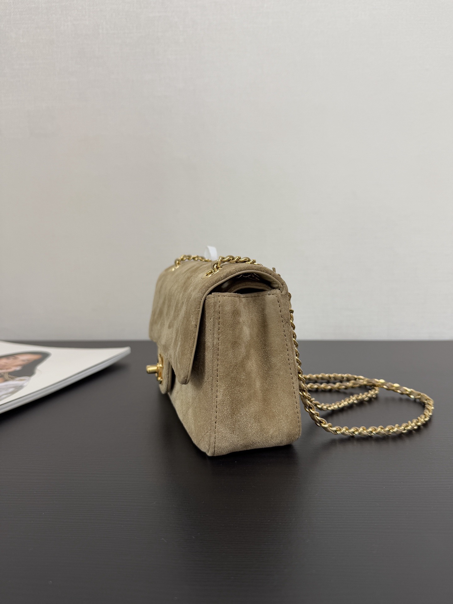 Ch@nel Suede Calfskin Mini Flap Bag In Dark Beige With Gold-tone-13*20*6CM