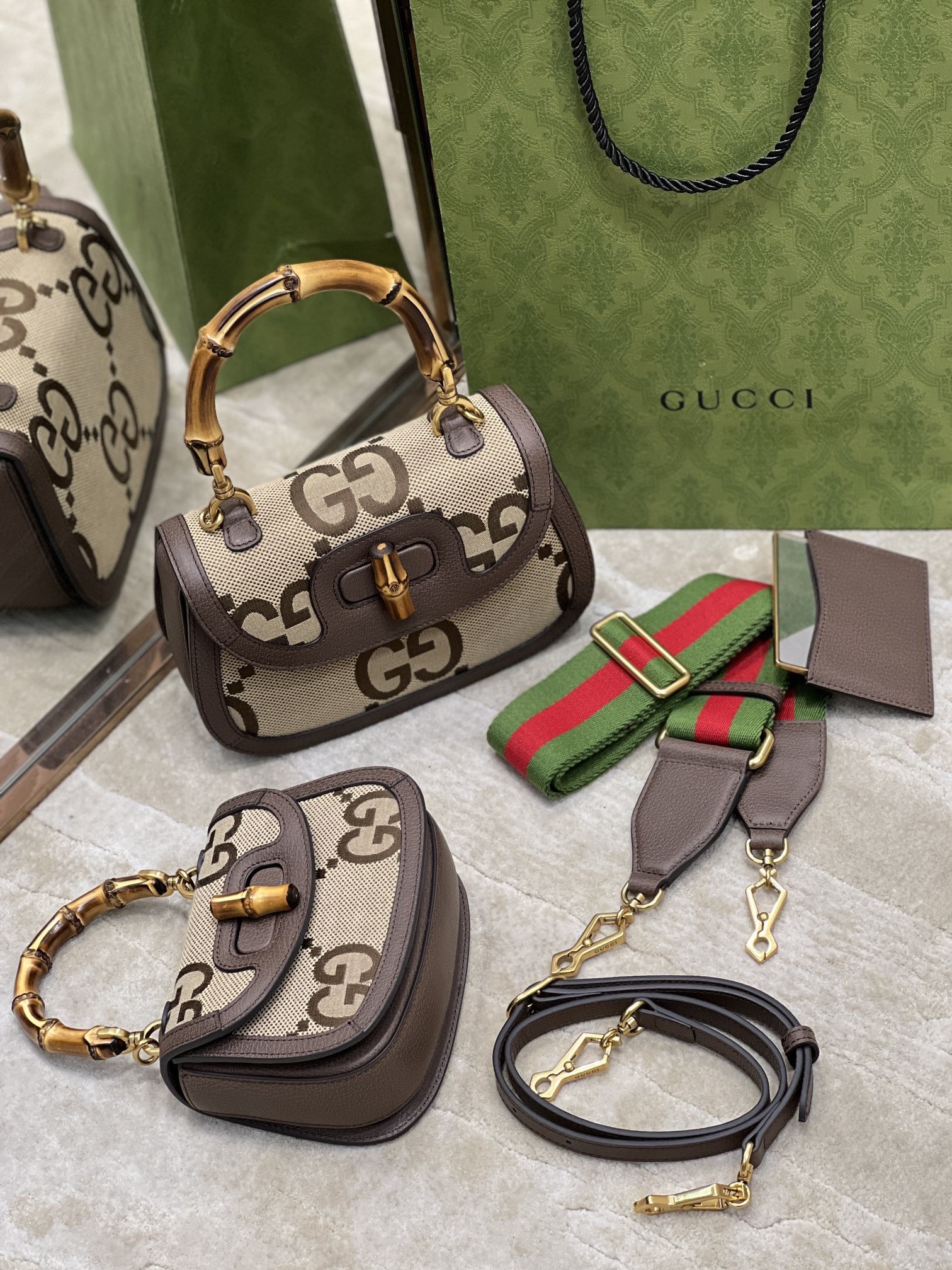 G*u*i top handle bag with bamboo-17*12*7.5&21*15*7cm