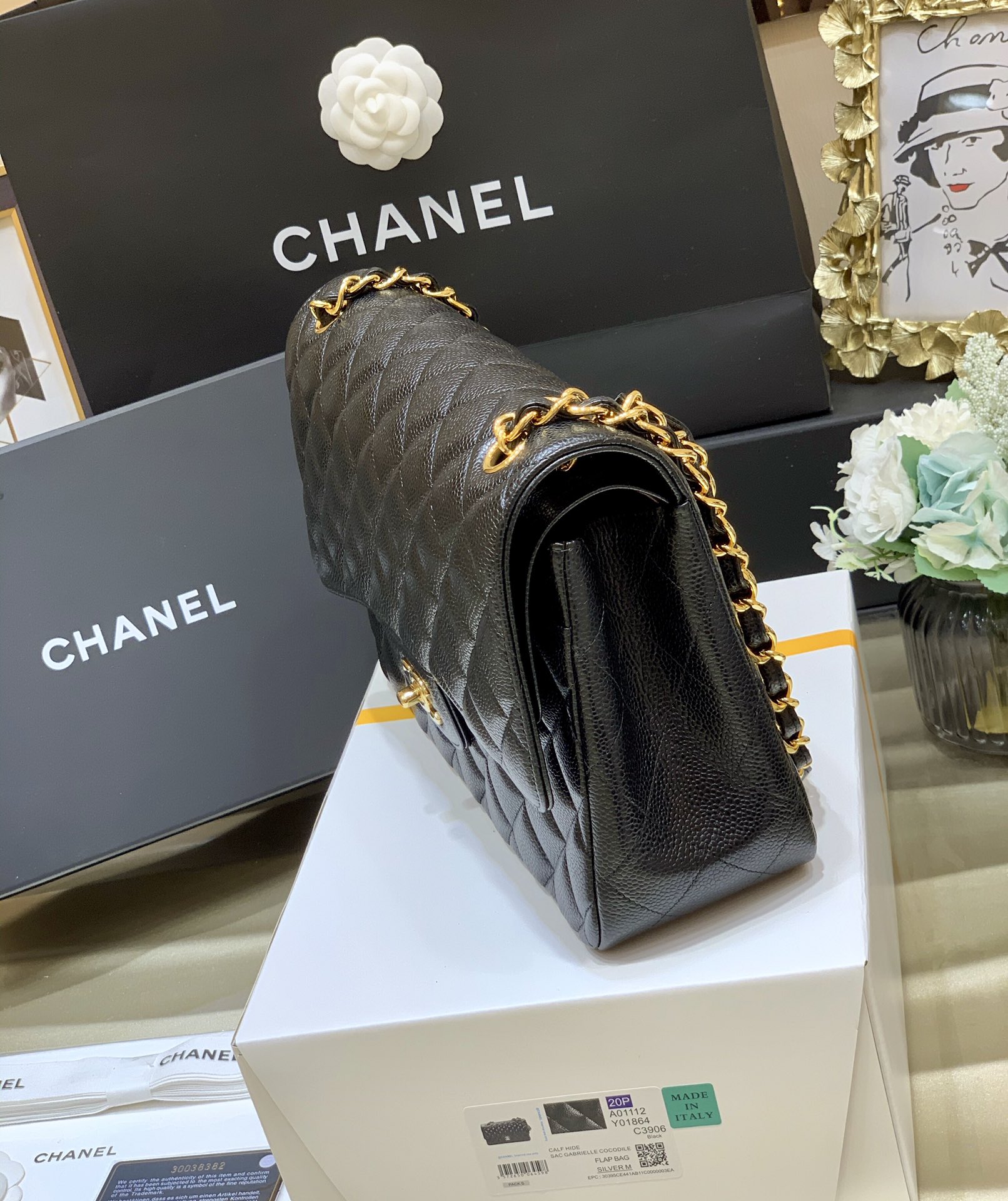 Ch@nel Flap Bag-Cavir Leather-Gold-30CM