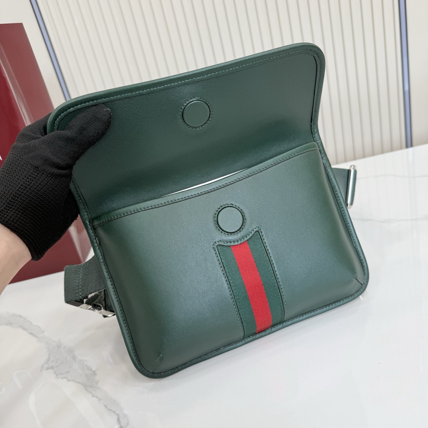 Gv*c*Web Trademark Small Belt Bag In Dark Green Leather -24*17*3.5CM