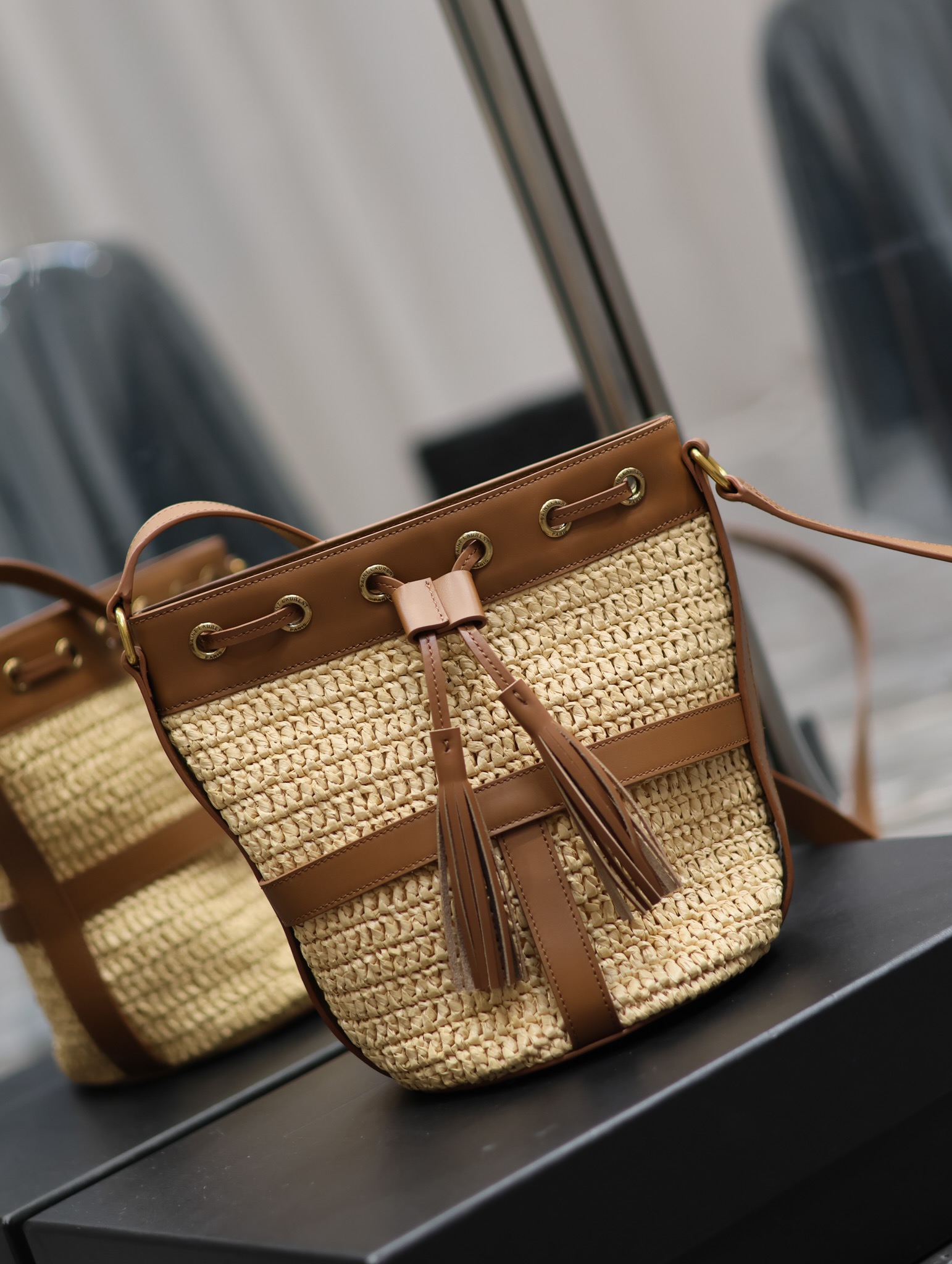 Y*L raffia straw craft bucket bag-22×15×15cm