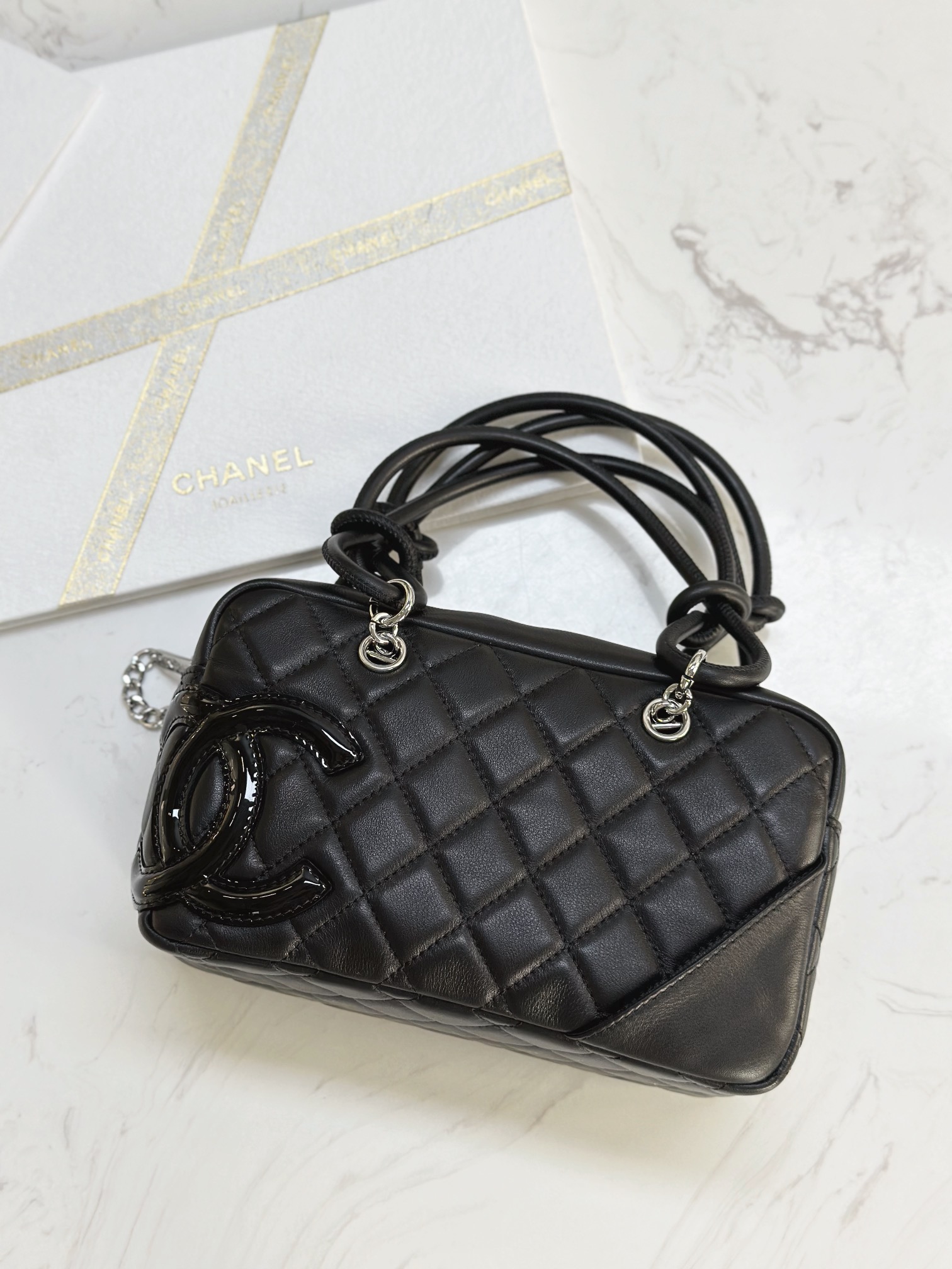 Ch@nel Calfskin Quilted Small Cambon Bowler Black-19.5*10.5*9CM