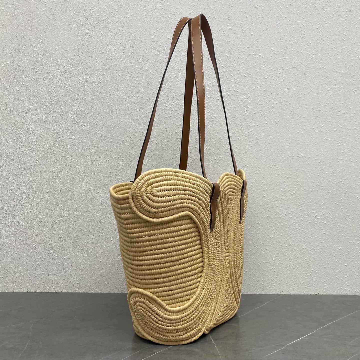 Celin* Classic Panier Small Braided Triomphe in Raffia and Calfskin-42*21.5*12CM