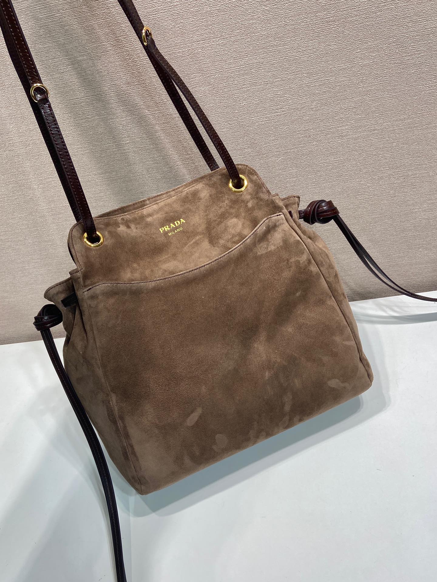 Pra*a Cocoa Brown Pra*a Carry Medium Suede Tote Bag-1BG641-28*32*14CM