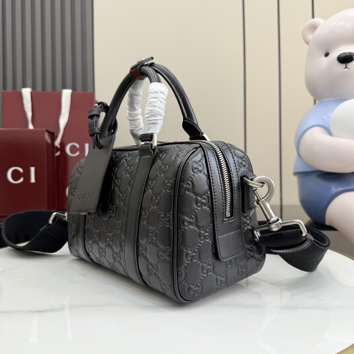 Gv*c* GG Emblem Small Duffle Bag In Black GG leather -25*16*14CM