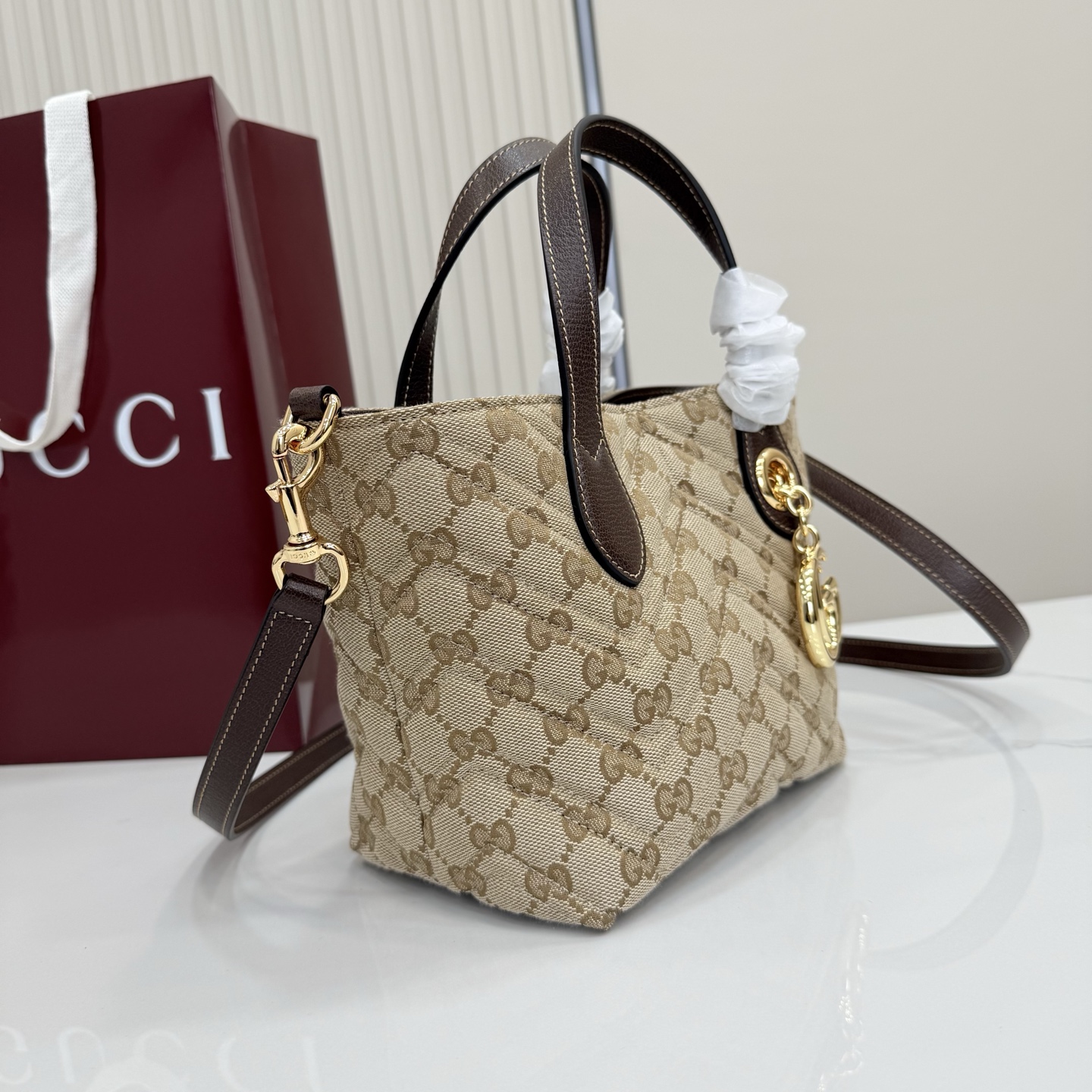 Gv*c* GG Marmont Small Tote Bag in Sand And Brown GG Canvas-17*5*17*12.5CM