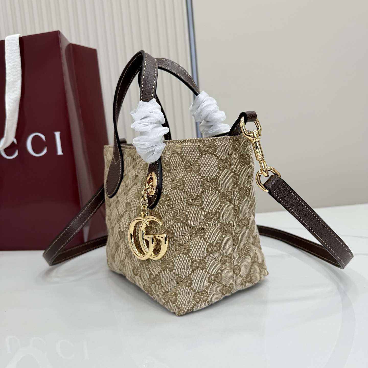 Gv*c* GG Marmont Small Tote Bag in Sand And Brown GG Canvas-17*5*17*12.5CM