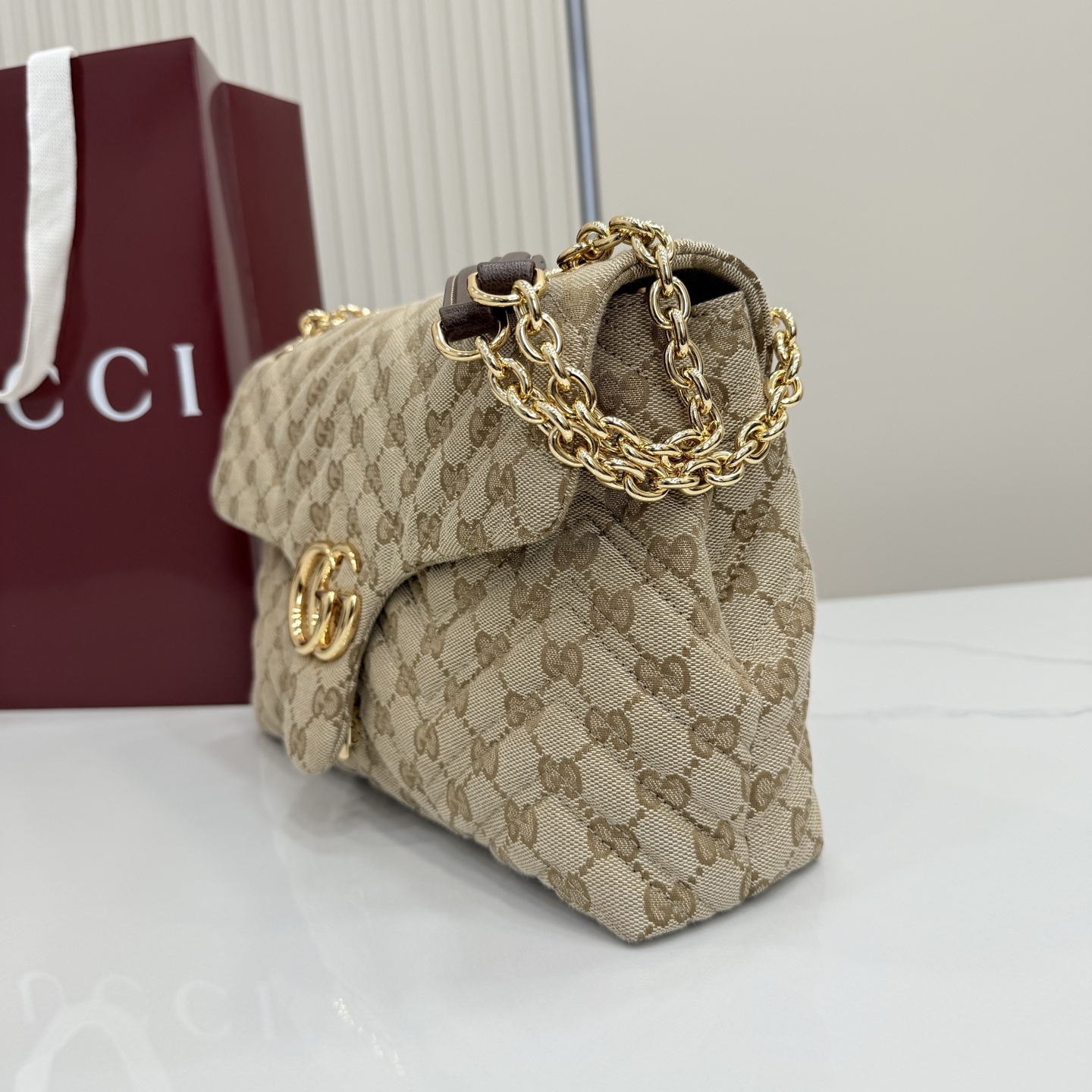 Gv*c* GG Marmont Medium Shoulder Bag In Sand And Brown GG-31*17*8CM