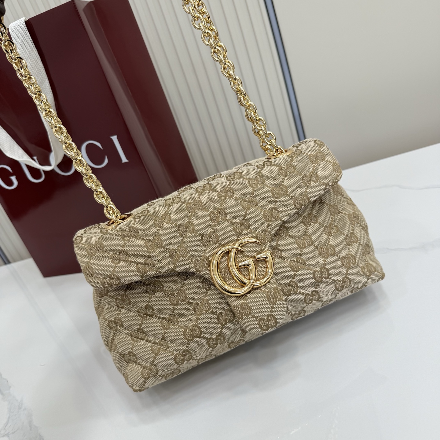Gv*c* GG Marmont Small Shoulder Bag In Sand And Brown GG-23*17*9CM