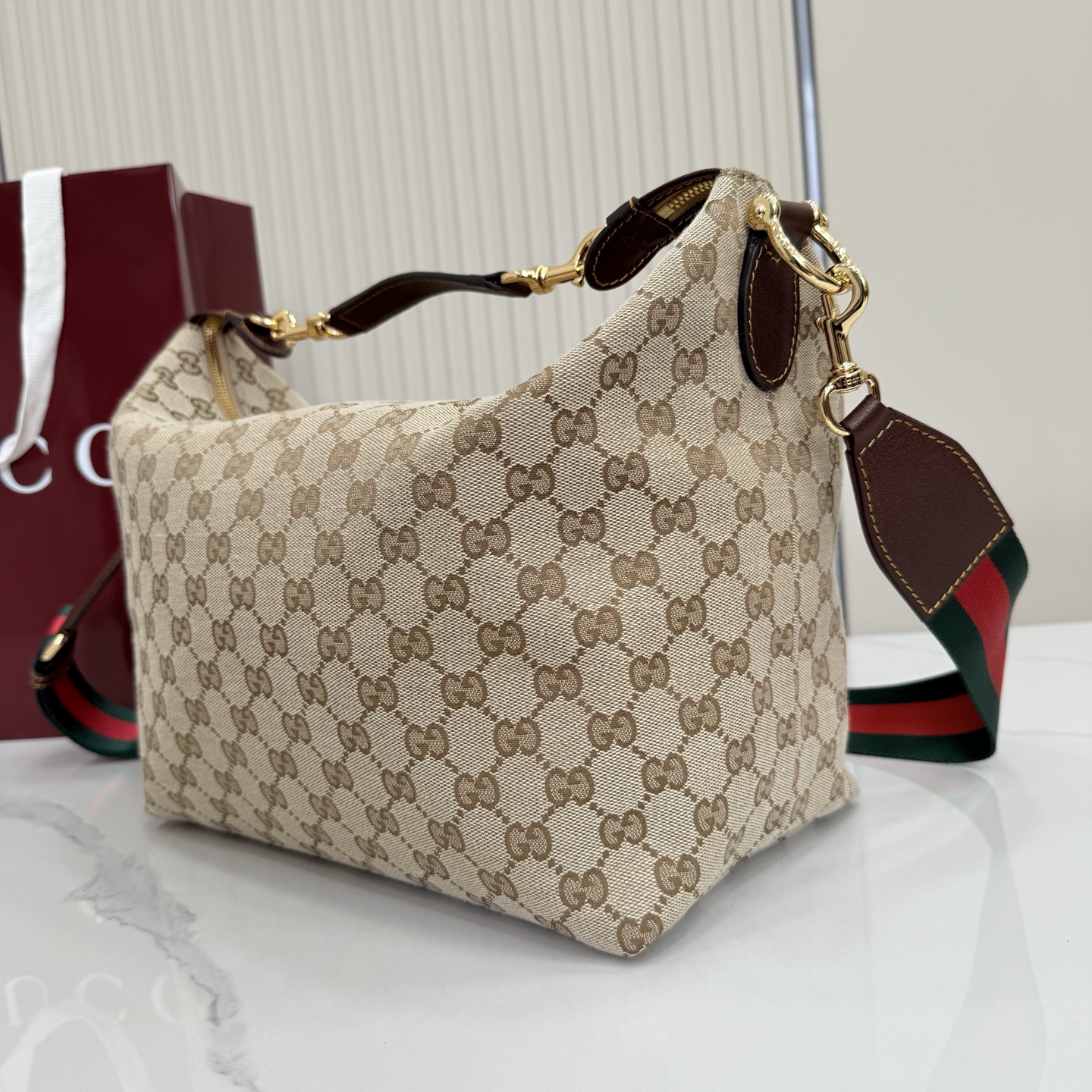 Gv*c* Brera Medium Crossbody Bag In Sand And Brown GG Canvas-33*27*15CM