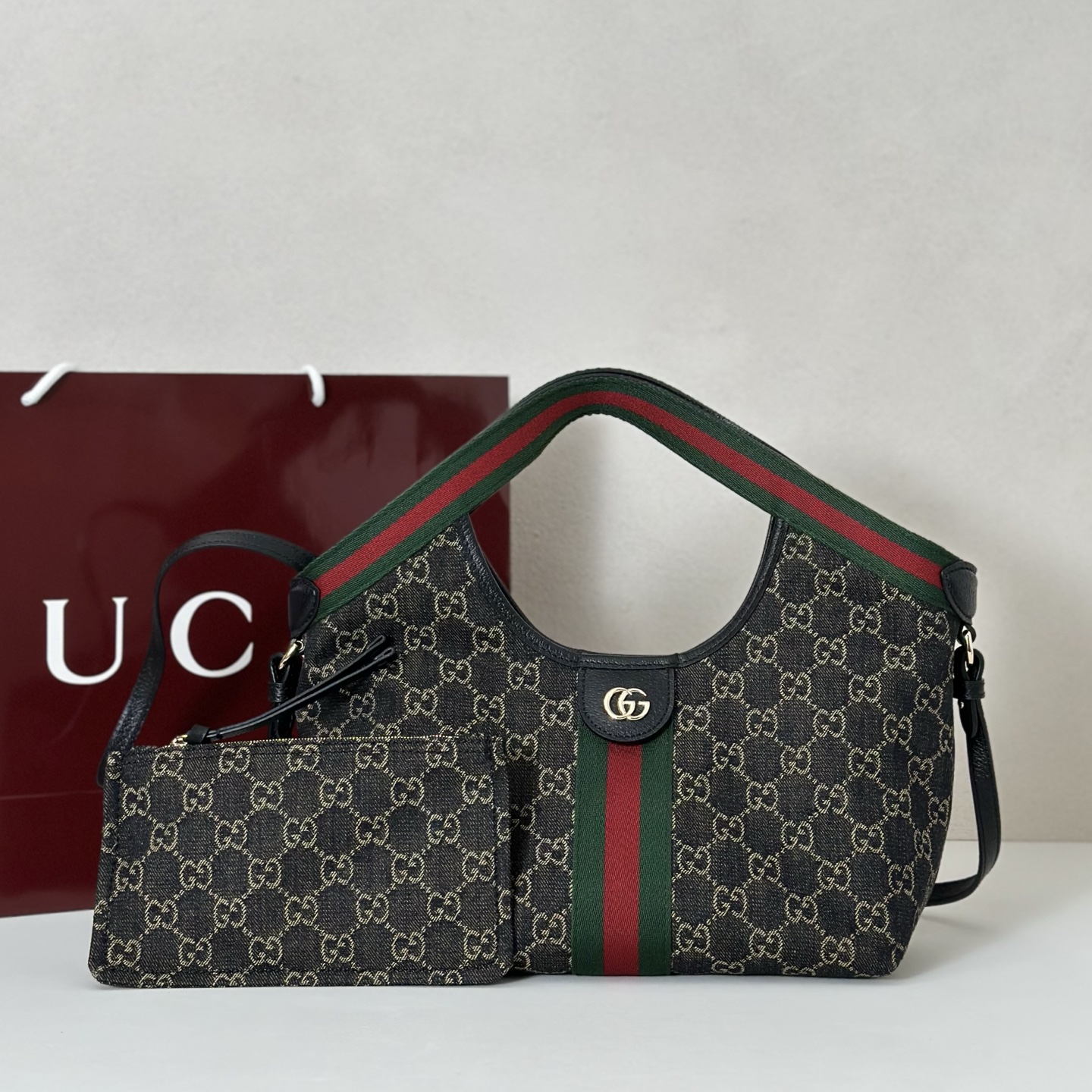 Gv*c*i Denim GG Monogram Web Small Giglio Tote Black-25*20*15CM