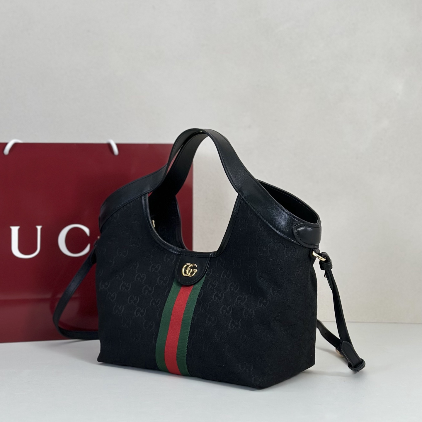Guc*ci Giglio Small Tote Bag In Black GG Canvas-25*20*15CM