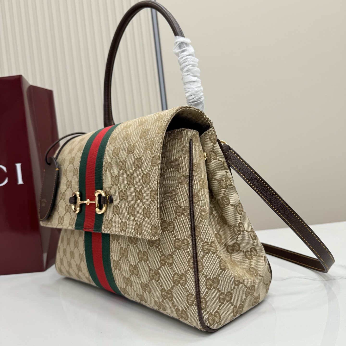 Gv*c* Paparazzo Medium Top Handle Bag In Sand And Brown GG Canvas-32*24*17CM