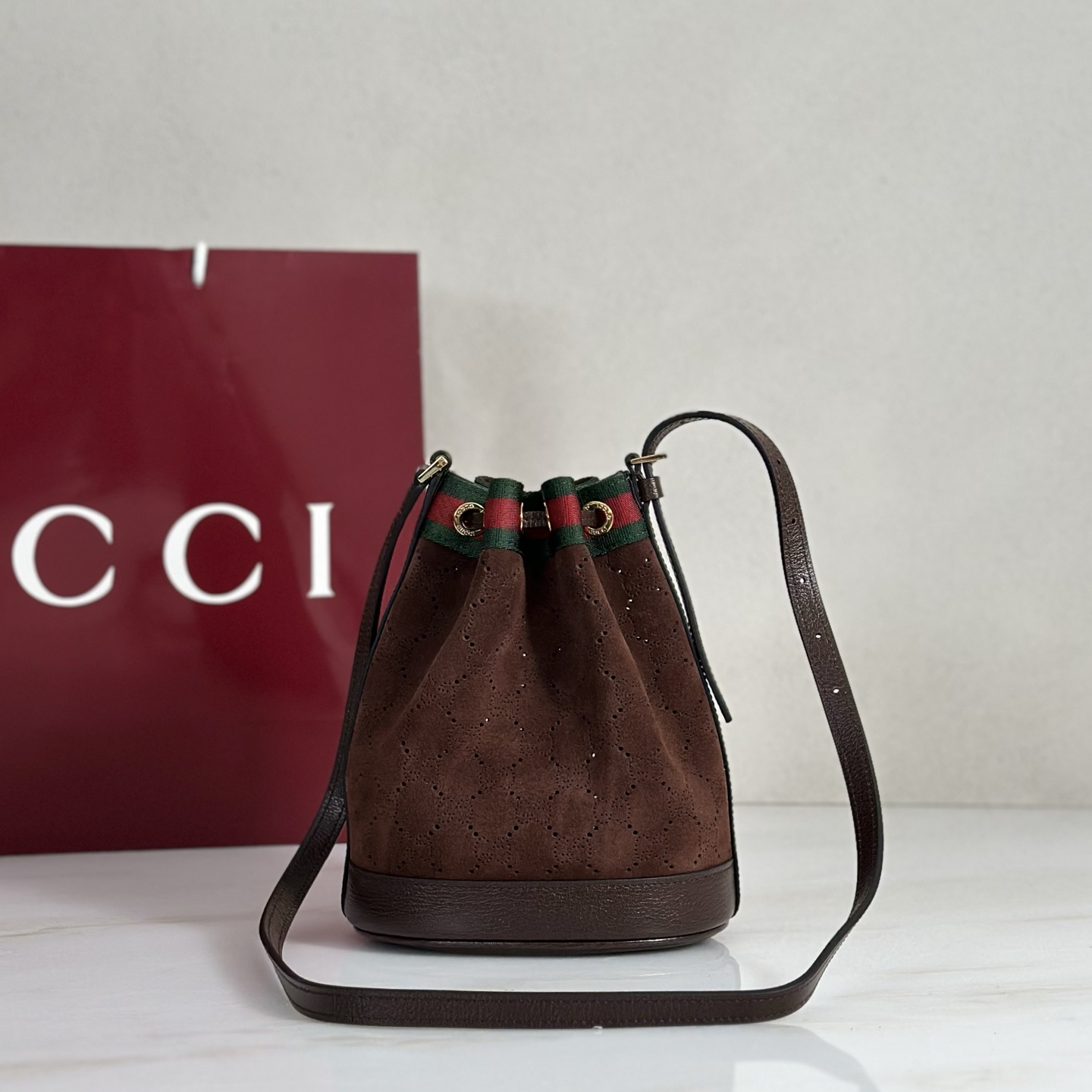 G*ucci Venice Small Bucket Bag In Brown GG Leather-15.5*19.5*10.5CM